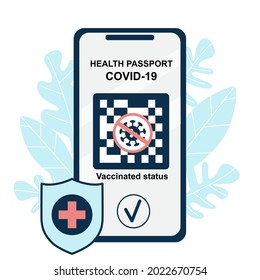 QR-code immunity passport and certificate, proof of vaccination against COVID on the screen of the smartphone. Digital online technology. Flat vector illustration.