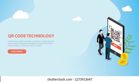 qrcode isometric online payment technology scan with business man team people standing side of big smartphone with gold coin money - vector