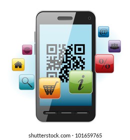 QR-code on mobile phone screen with different icons