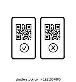 QR-code On Mobile Phone Screen With Check Mark Black Icon Set. Digital Data Exchange App With Qr Code Tracking Operation Progress States Pass Or Not. Flat Design Vector Illustration.