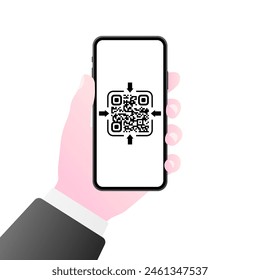Código Qr en el icono de la pantalla del teléfono. Teléfono en maqueta de mano. Estilo plano. Icono Vector