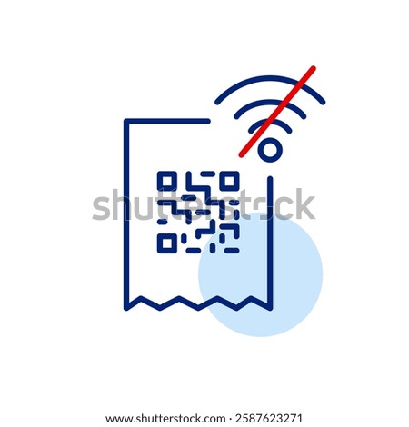 Qr-code on receipt and no wi-fi symbol. Data refreshment or donwload for payment unavailable. Pixel perfect, editable stroke vector icon