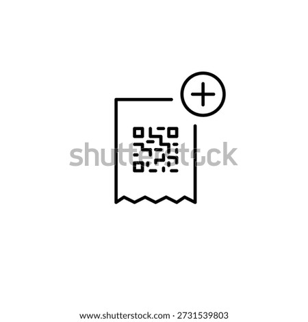 Qr-code receipt and plus symbol. Item add to checkout, purchase update, sale record. Pixel perfect, editable stroke vector icon