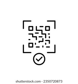 Qr-code scan with checkmark. Approved link or completed payment. Pixel perfect, editable stroke