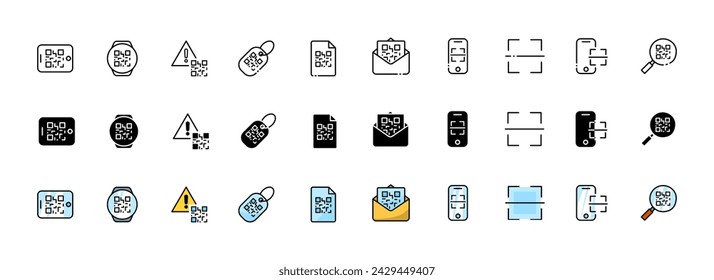 QR-Code scanning icon collection. Qr-code icon set. Linear, silhouette and flat style. Vector icons