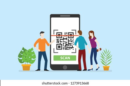 qrcode technology scan with office team people circle around big smartphone apps - vector