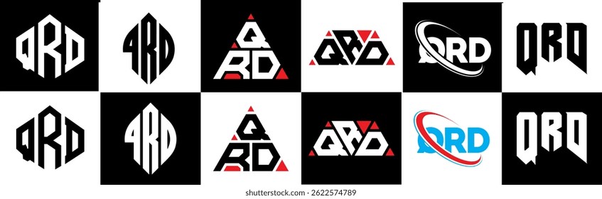 QRD letter logo design in six style. QRD polygon, circle, triangle, hexagon, flat and simple style with black and white color variation letter logo set in one artboard. QRD minimalist and classic logo