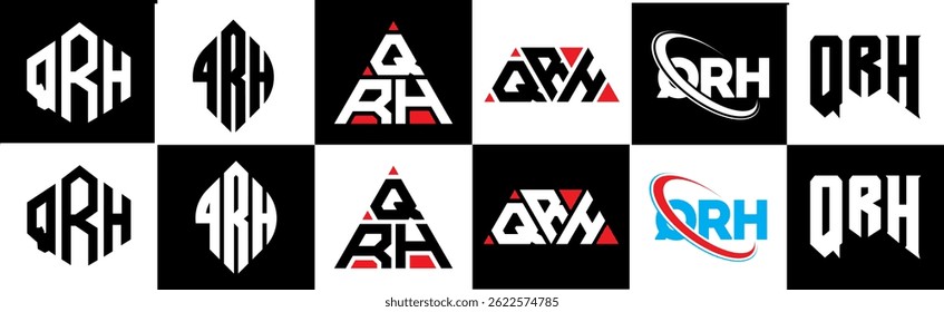 QRH letter logo design in six style. QRH polygon, circle, triangle, hexagon, flat and simple style with black and white color variation letter logo set in one artboard. QRH minimalist and classic logo
