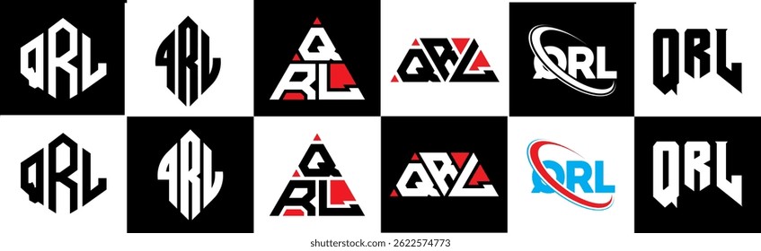 QRL letter logo design in six style. QRL polygon, circle, triangle, hexagon, flat and simple style with black and white color variation letter logo set in one artboard. QRL minimalist and classic logo