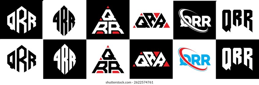 QRR letter logo design in six style. QRR polygon, circle, triangle, hexagon, flat and simple style with black and white color variation letter logo set in one artboard. QRR minimalist and classic logo