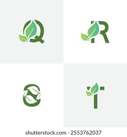 Q,R,S,T leaf logo Design Template Vector Graphic Branding Element. Leaf letter Q,R,S,T Logo vector Illustration. Plant Logo.