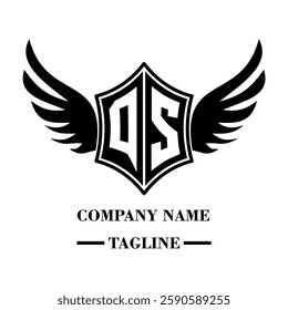 QS bold shield logo with wings, customizable with letters A to Z. Perfect for brands seeking a powerful symbol of strength, freedom, and ambition