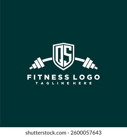 QS initial monogram for fitnes or gym logo with creative shield and barbell design
