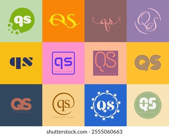 QS logo company template. Letter q and s logotype. Set different classic serif lettering and modern bold text with design elements. Initial font typography. Collection trendy business identity.