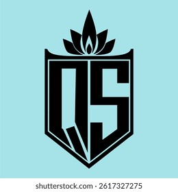 QS Logo featuring a minimalist design with a crown-like flower symbol on top, bold black elements, and a soft blue background, perfect for branding and modern visual identity.