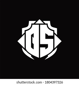 Monograma del logotipo QS con línea de protección y plantilla de diseño de 3 flechas sobre fondo negro