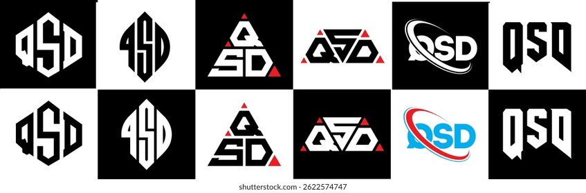 QSD letter logo design in six style. QSD polygon, circle, triangle, hexagon, flat and simple style with black and white color variation letter logo set in one artboard. QSD minimalist and classic logo