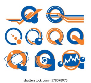 Q-shaped logo. Orange blue logotype with letter Q