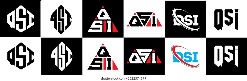 QSI letter logo design in six style. QSI polygon, circle, triangle, hexagon, flat and simple style with black and white color variation letter logo set in one artboard. QSI minimalist and classic logo