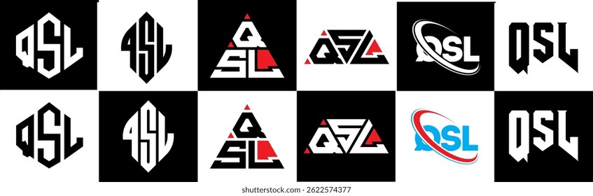 QSL letter logo design in six style. QSL polygon, circle, triangle, hexagon, flat and simple style with black and white color variation letter logo set in one artboard. QSL minimalist and classic logo