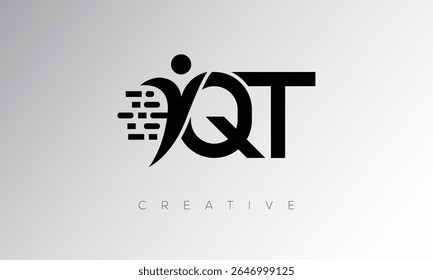 Logotipo de monograma digital creativo de QT: diseño futurista de marca de letras con forma humana, movimiento de píxeles y estilo tecnológico mínimo para una identidad de marca innovadora