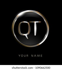 QT initial letters with circle elegant logo golden silver black background
