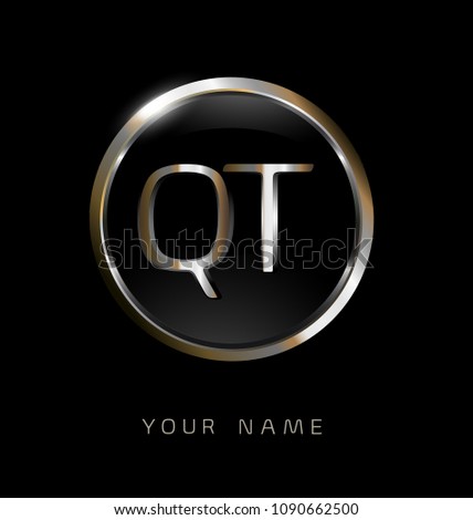 QT initial letters with circle elegant logo golden silver black background