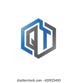 QT initial letters looping linked hexagon logo black gray blue