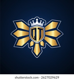 QT initial letters monogram logo for gaming with shield and eagle wing