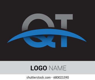 QT initial logo company name colored grey and blue swoosh design.