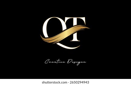 QT Letter Monogram Logo – Elegant Gold Brush Stroke Letter mark for Luxury Branding, Fashion, Boutique  Premium Identity Design
