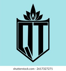 QT Logo featuring a minimalist design with a crown-like flower symbol on top, bold black elements, and a soft blue background, perfect for branding and modern visual identity.