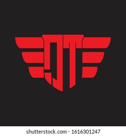 QT Logo monogram with emblem and wings element design template on red colors