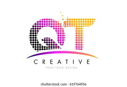 QT Q T Dots Letter Logo Design with Magenta Bubble Circles and Swoosh