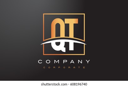 QT Q T Golden Letter Logo Design with Swoosh and Rectangle Square Box Vector Design.