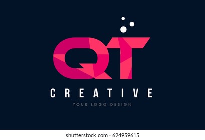 QT Q T Purple Letter Logo Design with Low Poly Pink Triangles Concept