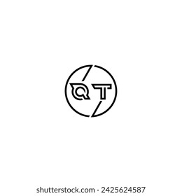 Logo de concepto de contorno simple QT y círculo de diseño inicial de fondo blanco y negro