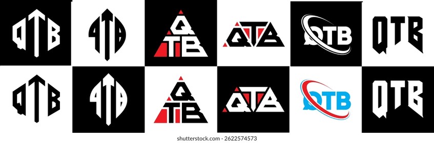 QTB letter logo design in six style. QTB polygon, circle, triangle, hexagon, flat and simple style with black and white color variation letter logo set in one artboard. QTB minimalist and classic logo