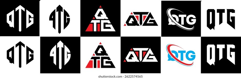 QTG letter logo design in six style. QTG polygon, circle, triangle, hexagon, flat and simple style with black and white color variation letter logo set in one artboard. QTG minimalist and classic logo