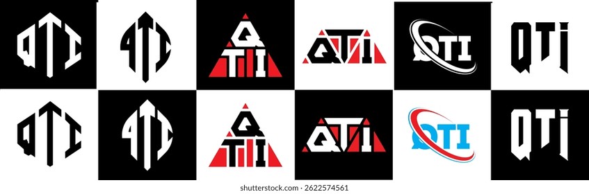 QTI letter logo design in six style. QTI polygon, circle, triangle, hexagon, flat and simple style with black and white color variation letter logo set in one artboard. QTI minimalist and classic logo