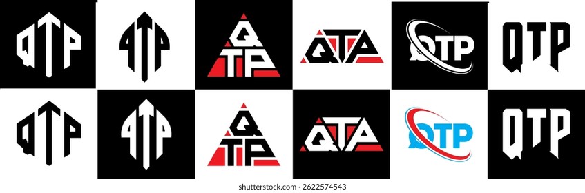 QTP letter logo design in six style. QTP polygon, circle, triangle, hexagon, flat and simple style with black and white color variation letter logo set in one artboard. QTP minimalist and classic logo