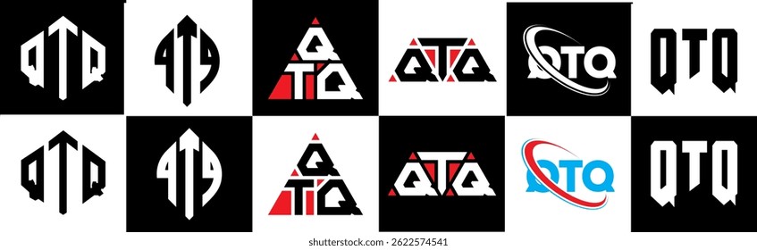 QTQ letter logo design in six style. QTQ polygon, circle, triangle, hexagon, flat and simple style with black and white color variation letter logo set in one artboard. QTQ minimalist and classic logo