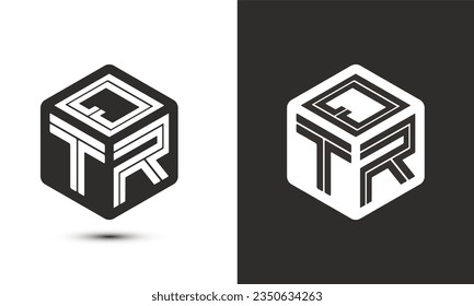 Diseño del logotipo de letras QTR con el logotipo del cubo ilustrador, logotipo vectorial estilo moderno de superposición de tipos de letra del alfabeto. Icono del logotipo de Premium Business. Color blanco sobre fondo negro