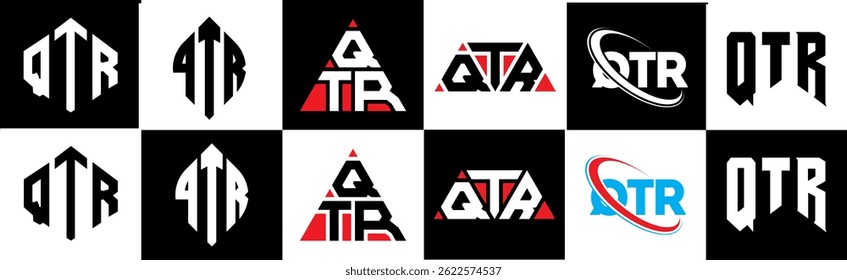 QTR letter logo design in six style. QTR polygon, circle, triangle, hexagon, flat and simple style with black and white color variation letter logo set in one artboard. QTR minimalist and classic logo