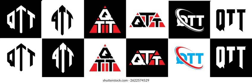 QTT letter logo design in six style. QTT polygon, circle, triangle, hexagon, flat and simple style with black and white color variation letter logo set in one artboard. QTT minimalist and classic logo