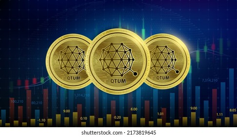 Qtum (QTUM) 3 coin gold Cryptocurrency blockchain. Future digital currency replacement technology alternative. Silver golden virtual currency growth share chart background. 3D Vector illustration.