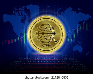Qtum (QTUM) coin. 3D Vector illustration. Cryptocurrency blockchain (crypto currency) Future digital replacement technology. Silver golden virtual currency growth share chart is background.