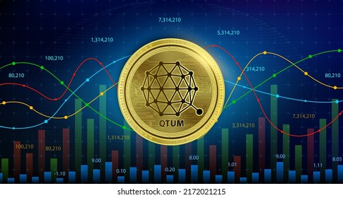Qtum (QTUM) coin Cryptocurrency blockchain. Future digital currency replacement technology alternative currency, Silver golden stock chart number up down is background. 3D Vector illustration.