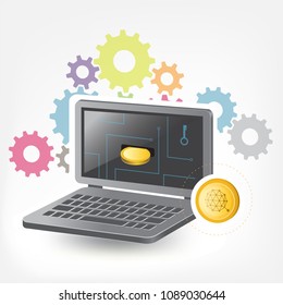 Qtum Cryptocurrency Coin Laptop Trade Background