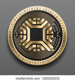 Qtum (QTUM) cryptocurrency golden coin isolated in transparent background. Virtual currency token symbol vector illustration based on cryptography and block chain technology.
